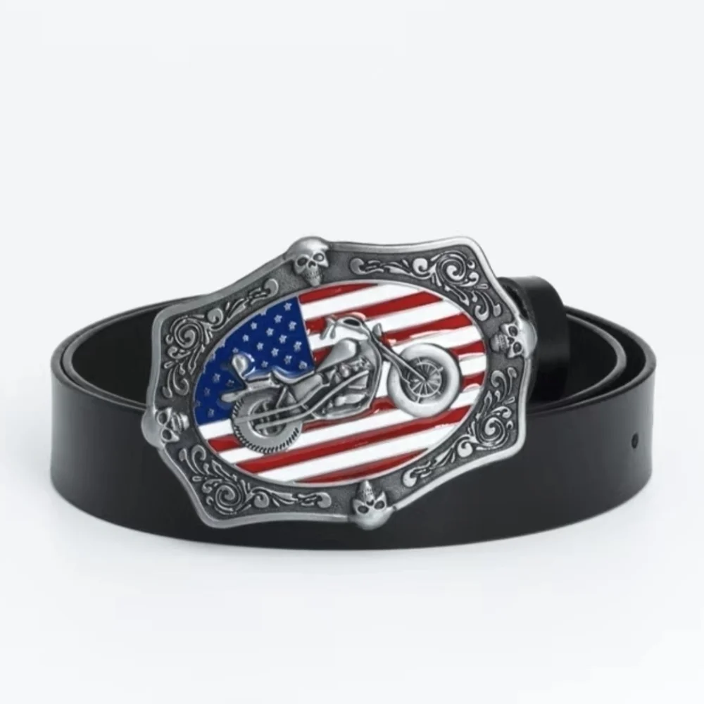 New Motorcycle Belt Buckle American Flag Biker Patriotic USA Skull, T3MISB1E